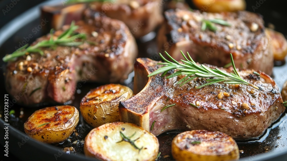 Juicy lamb chops with a rosemary garlic marinade perfectly seared Juicy lamb chops with a rosemary garlic marinade perfectly seared