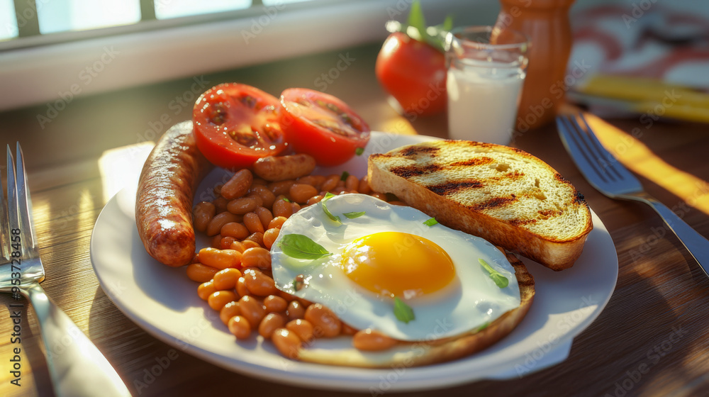 A hearty English breakfast with sausages, fried eggs, bacon, baked beans, grilled tomatoes, and buttered toast. Ideal for menus, promotions, or publications focusing on classic British cuisine.. A hearty English breakfast with sausages, fried eggs, bacon, baked beans, grilled tomatoes, and buttered toast. Ideal for menus, promotions, or publications focusing on classic British cuisine..