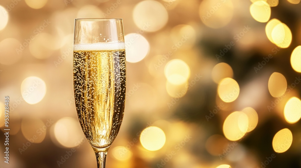 Elegant French champagne flute with golden bubbles rising in a festive setting with bokeh lights. Elegant French champagne flute with golden bubbles rising in a festive setting with bokeh lights.