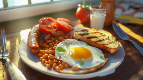 A hearty English breakfast with sausages, fried eggs, bacon, baked beans, grilled tomatoes, and buttered toast. Ideal for menus, promotions, or publications focusing on classic British cuisine..