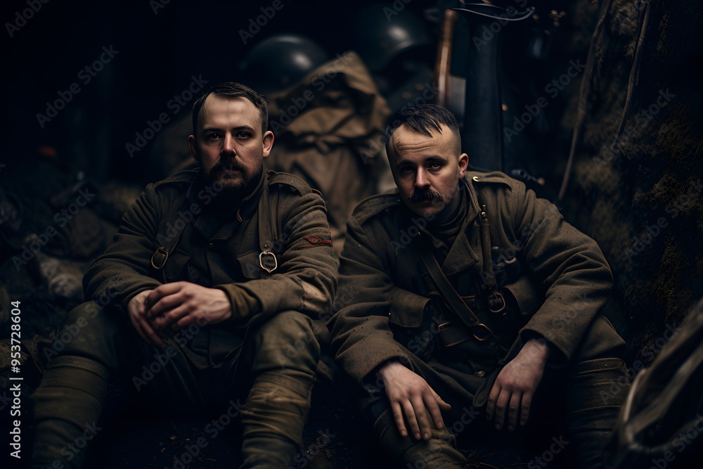 photo of two soldiers in the trenches, two soldiers making a photo in a war trench photo of two soldiers in the trenches, two soldiers making a photo in a war trench