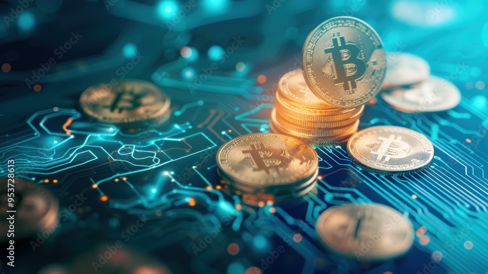 A close-up of Bitcoin coins on a digital circuit board, symbolizing cryptocurrency investment and technological advancement. A close-up of Bitcoin coins on a digital circuit board, symbolizing cryptocurrency investment and technological advancement.