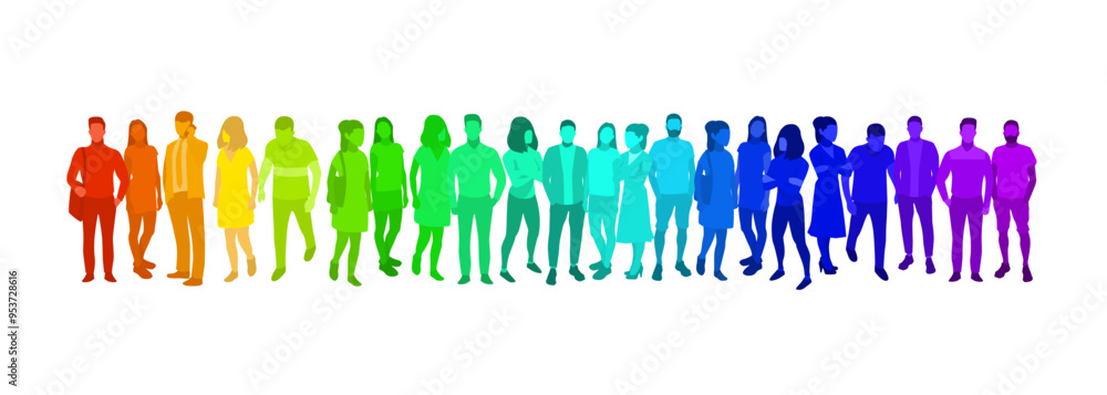 Naklejka premium Group of people staying in line. Team concept. Rainbow people crowd.