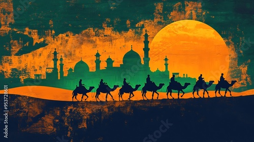 Sunset Camel Caravan in the Desert Landscape