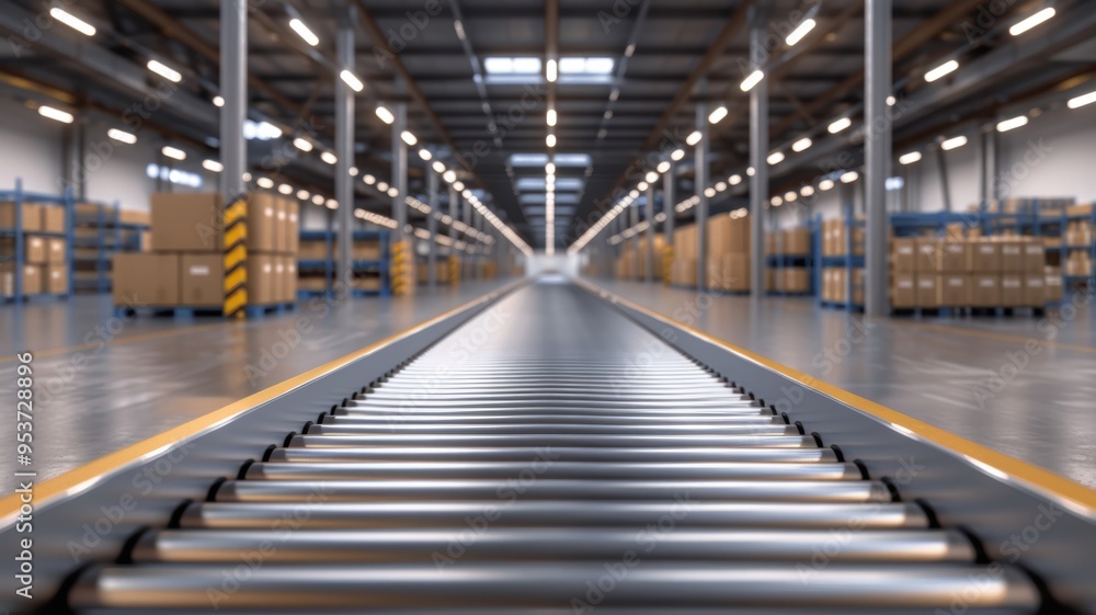 A modern warehouse interior with a conveyor system, showcasing organization and efficiency in logistics and distribution operations. A modern warehouse interior with a conveyor system, showcasing organization and efficiency in logistics and distribution operations.