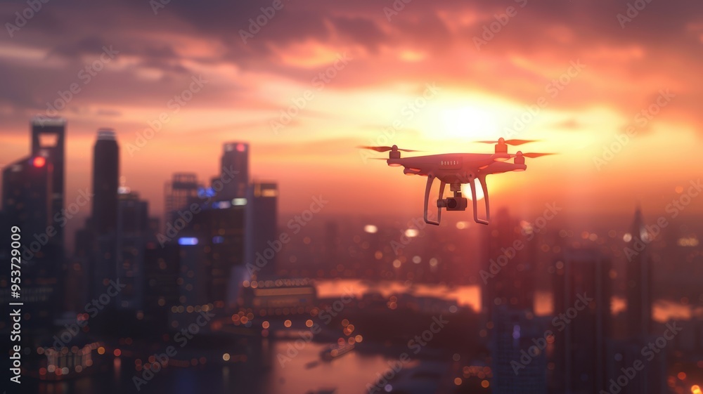 A stunning aerial view of a drone flying over a city skyline at sunset, capturing vibrant colors and urban architecture. A stunning aerial view of a drone flying over a city skyline at sunset, capturing vibrant colors and urban architecture.