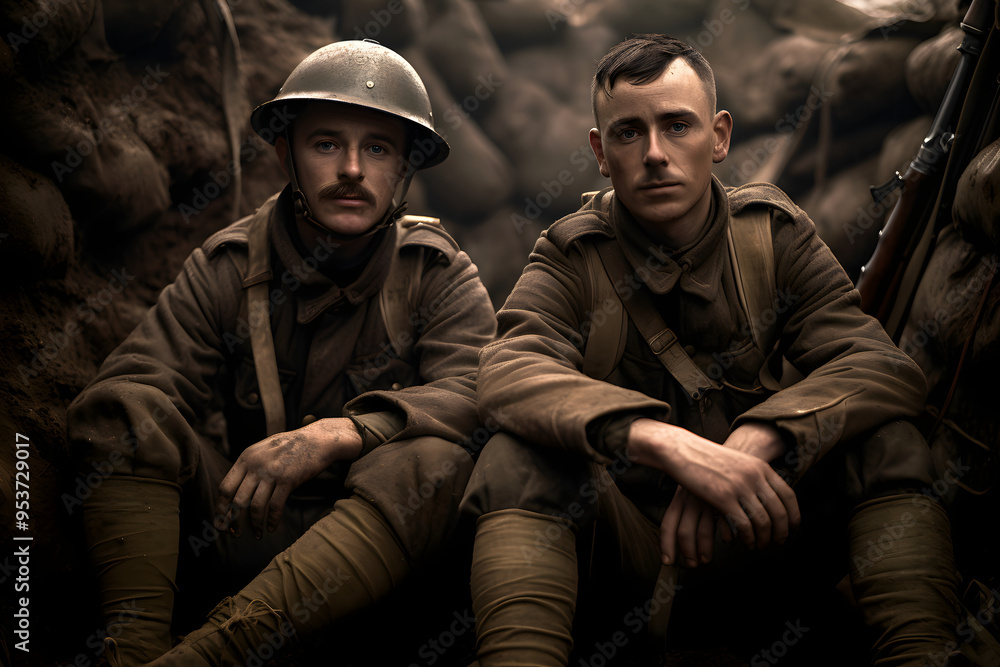 photo of two soldiers in the trenches, two soldiers making a photo in a war trench photo of two soldiers in the trenches, two soldiers making a photo in a war trench
