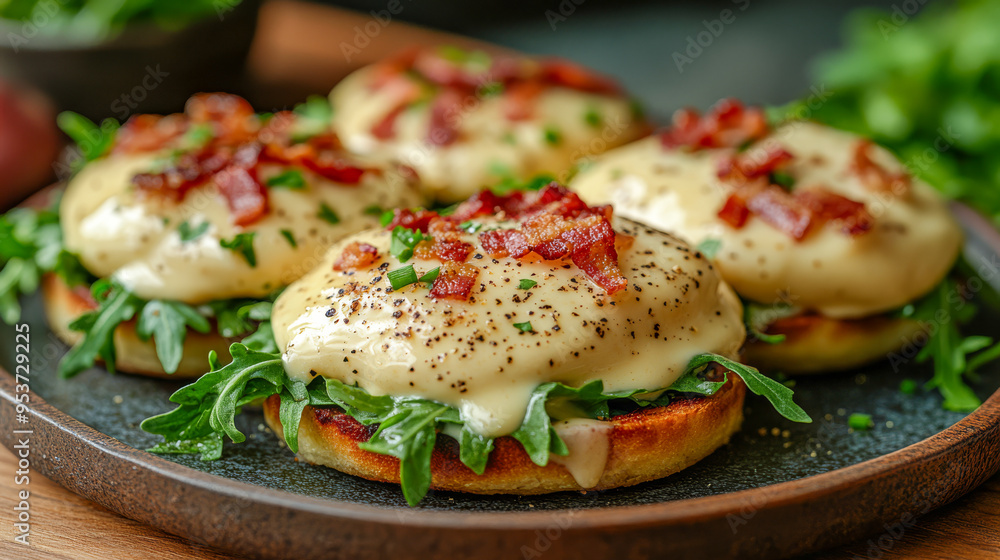 Gourmet Eggs Benedict on toast with arugula, crispy bacon, and hollandaise sauce. A luxurious breakfast choice, perfect for upscale menus, food photography, or culinary branding.. Gourmet Eggs Benedict on toast with arugula, crispy bacon, and hollandaise sauce. A luxurious breakfast choice, perfect for upscale menus, food photography, or culinary branding..