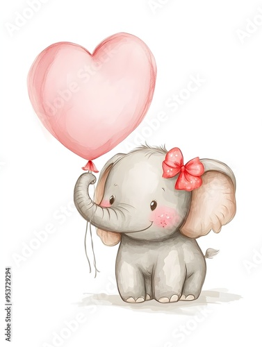 Adorable Baby Elephant Playing with Colorful Balloon on Bright White Background photo