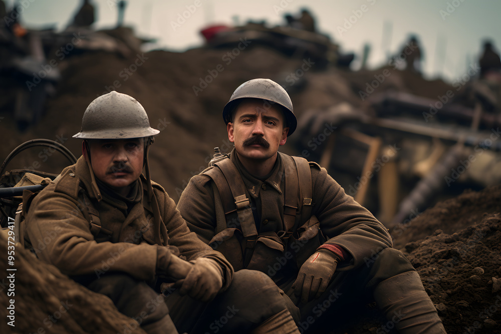 Fototapeta premium photo of two soldiers in the trenches, two soldiers making a photo in a war trench