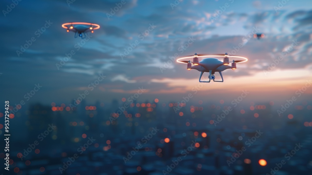 Futuristic drones hover over a cityscape at sunset, showcasing advanced technology against a vibrant sky filled with clouds. Futuristic drones hover over a cityscape at sunset, showcasing advanced technology against a vibrant sky filled with clouds.