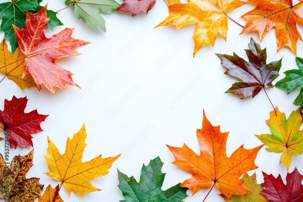Fototapeta premium Autumn Maple Leaves Flat Lay White Background created with Generative AI
