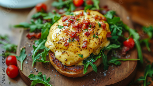 Gourmet Eggs Benedict on toast with arugula, crispy bacon, and hollandaise sauce. A luxurious breakfast choice, perfect for upscale menus, food photography, or culinary branding..