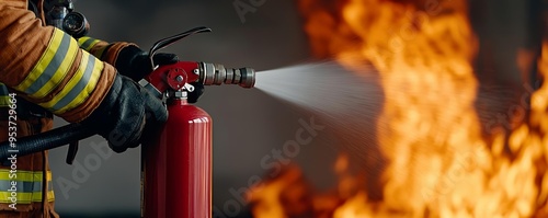 Close-up action shot of a firefighter using a fire extinguisher against intense flames, capturing the power and urgency of fire safety