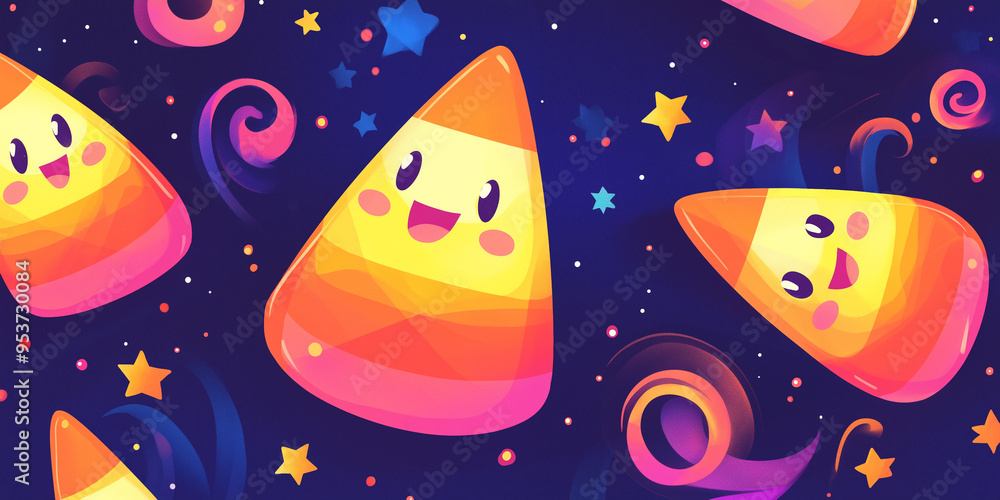 Happy smiling candy corn on a Halloween-themed background pattern for kids
Happy smiling candy corn on a Halloween-themed background pattern for kids