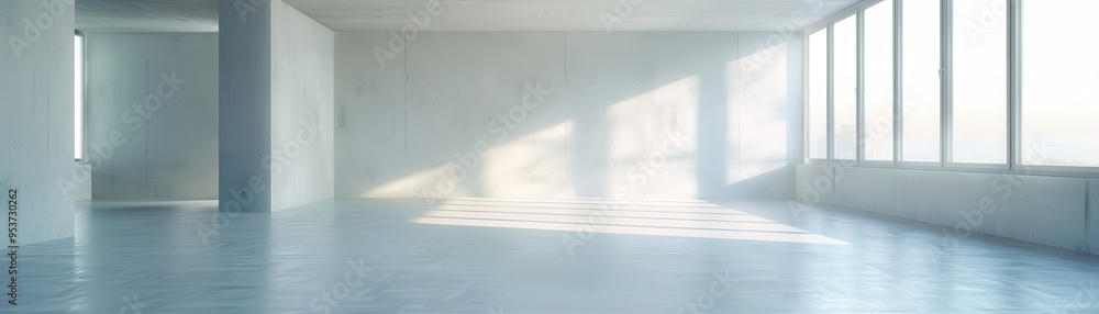 A large, empty room with a white wall and a window A large, empty room with a white wall and a window