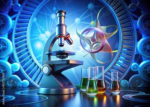 A colorful illustration of DNA helix, microscope, and petri dish surrounded by biohazard, laboratory, and scientific symbols on a futuristic blue background, representing biology research. photo