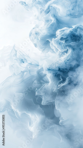 A blue and white abstract painting with a lot of smoke and steam