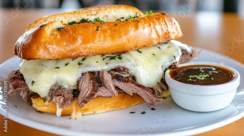 Juicy roast beef sandwich with melted cheese served with a side of au jus photo