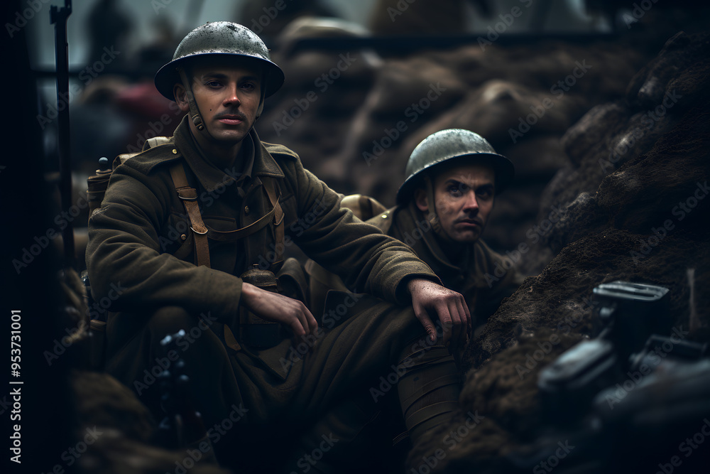 Fototapeta premium photo of two soldiers in the trenches, two soldiers making a photo in a war trench