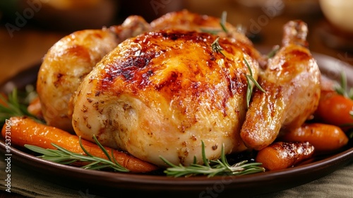 Juicy roasted chicken with crispy skin golden brown photo