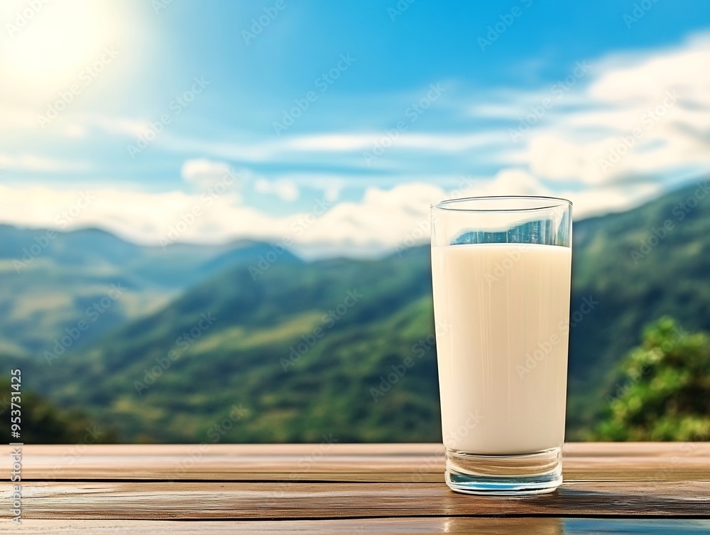 a glass of milk on a wooden table against a blue sky and green mountains background a glass of milk on a wooden table against a blue sky and green mountains background