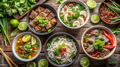 Top view of Vietnamese pho bowls with beef, chicken, and vegetarian options, garnished with herbs and lime wedges