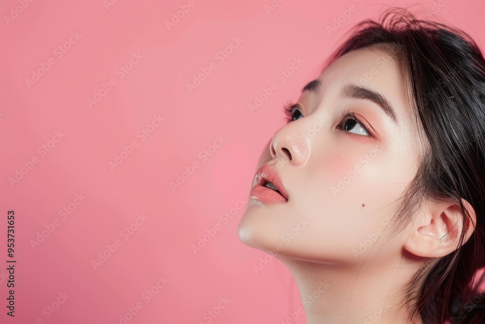 Asian woman beauty portrait with clean skin on pink background. Asian woman beauty portrait with clean skin on pink background.