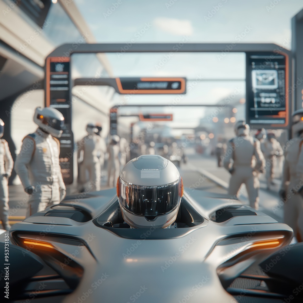 Fototapeta premium Autonomous race car, digital pit stop, holographic displays, futuristic race atmosphere