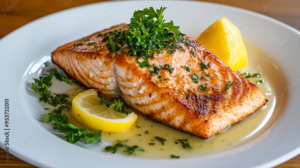 Juicy salmon fillet with a crispy skin served with a lemon butter sauce Juicy salmon fillet with a crispy skin served with a lemon butter sauce