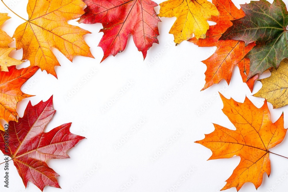 Autumn Maple Leaves Flat Lay White Background created with Generative AI Autumn Maple Leaves Flat Lay White Background created with Generative AI