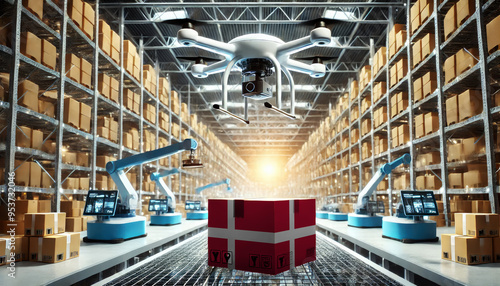 An advanced warehouse filled with drones and robots managing inventory, centered on an Denmark flag-marked package, symbolizing innovation in automated warehousing