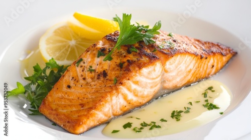 Juicy salmon fillet with a crispy skin served with a lemon butter sauce