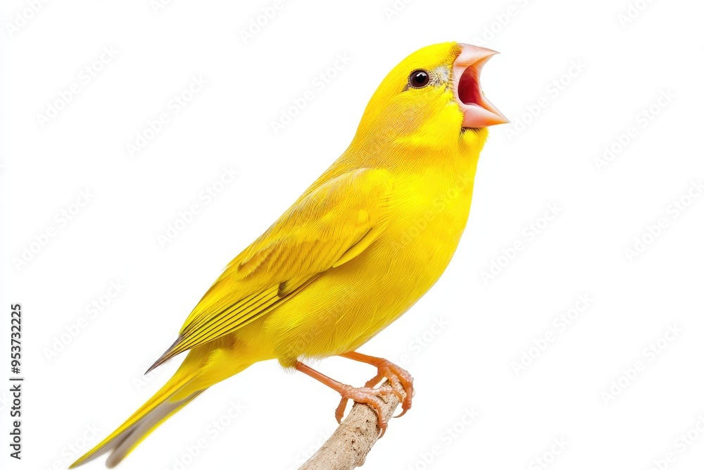 Yellow Canary Singing with Open Beak on Branch