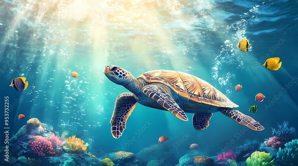 Obraz premium Majestic sea turtle swimming in turquoise ocean water, vibrant coral reef with tropical fish, cinematic underwater sunlight rays and bubbles