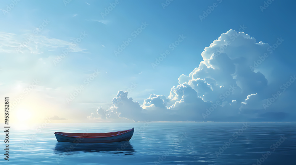 Arafly blue sky with clouds over the ocean and a boat. Ocean. Illustration Arafly blue sky with clouds over the ocean and a boat. Ocean. Illustration