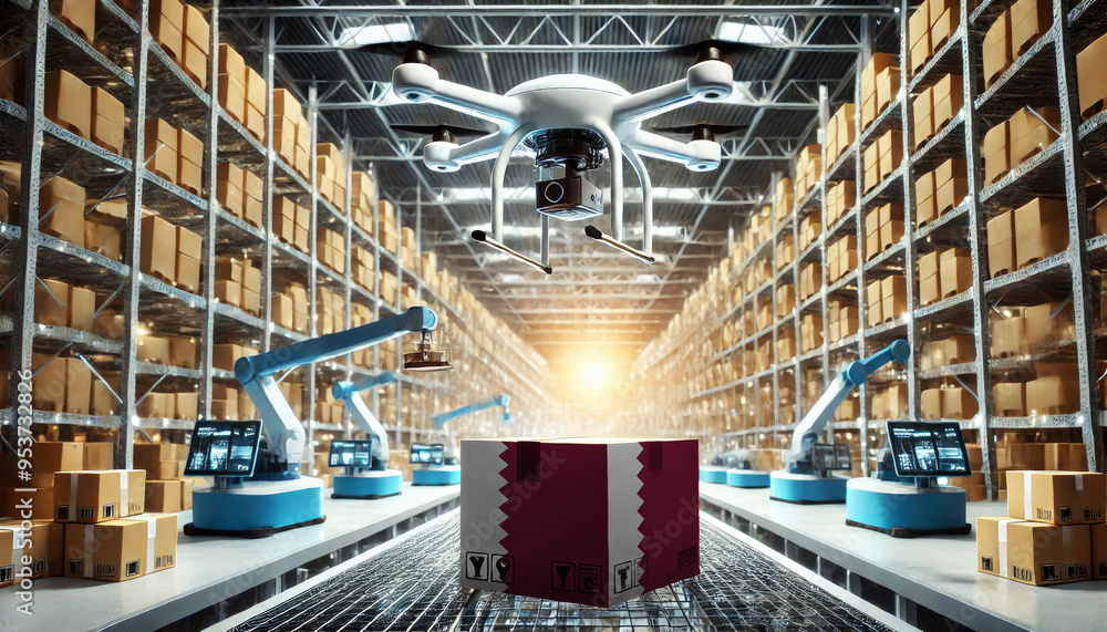 An advanced warehouse filled with drones and robots managing inventory, centered on an Qatar flag-marked package, symbolizing innovation in automated warehousing An advanced warehouse filled with drones and robots managing inventory, centered on an Qatar flag-marked package, symbolizing innovation in automated warehousing