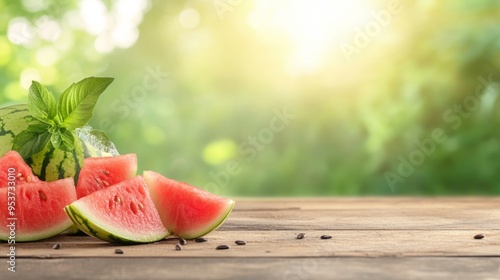 Juicy watermelon slices on a wooden table glistening with freshness photo