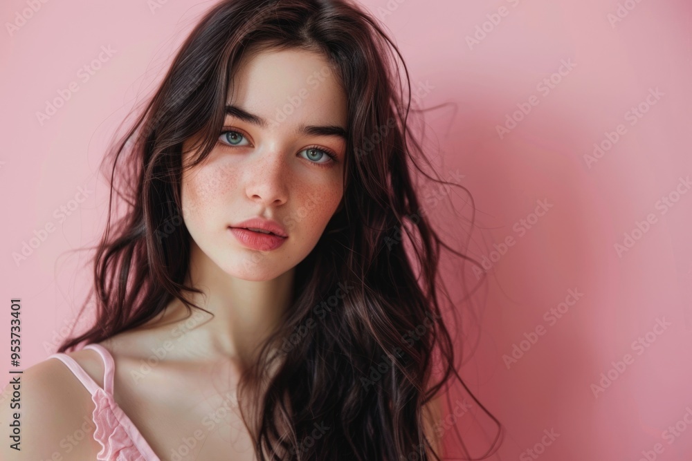 Portrait of a beautiful young brunette posing in front of a pink background. Portrait of a beautiful young brunette posing in front of a pink background.