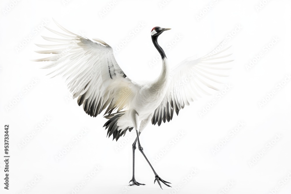 Red-crowned Crane with Wings Spread Against a White Background Red-crowned Crane with Wings Spread Against a White Background