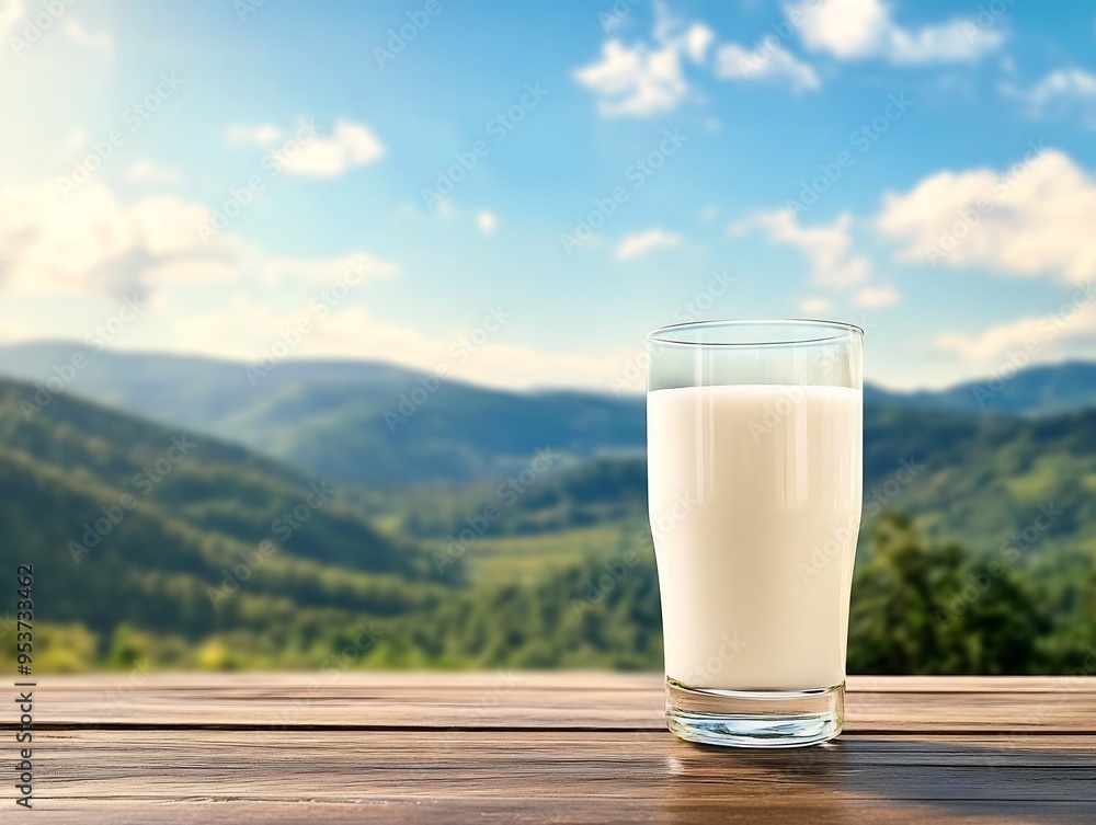 a glass of milk on a wooden table against a blue sky and green mountains background a glass of milk on a wooden table against a blue sky and green mountains background