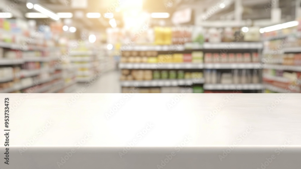 Blurred Supermarket Aisle with White Tabletop Blurred Supermarket Aisle with White Tabletop