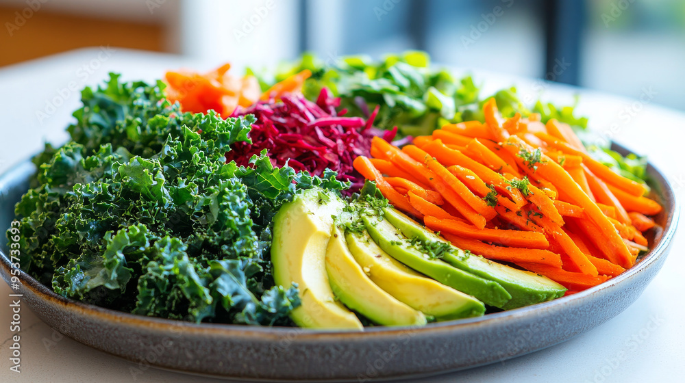 A vibrant platter of fresh vegetables featuring sliced avocado, kale, shredded carrots, and beets, ideal for a healthy meal or salad.
A vibrant platter of fresh vegetables featuring sliced avocado, kale, shredded carrots, and beets, ideal for a healthy meal or salad.
