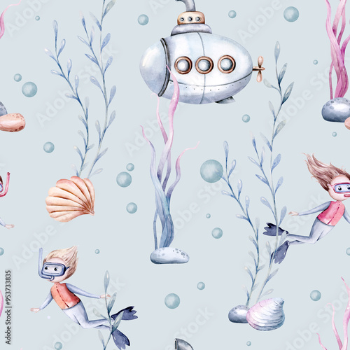 Watercolor seamless pattern with cute cartoon snorkeling, scuba diver kids boy girl submarine, mermaid, corals, seahorse fish and dolphin. nursery design fabric photo