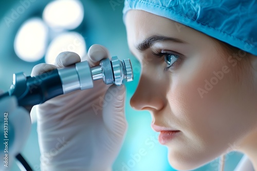 Doctor s Careful Inspection of Patient s Ear with Otoscope in Bright Hospital Room photo