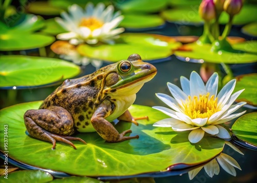 A colorful toad perches on a vibrant green lily pad surrounded by delicate white lily flowers and lush aquatic foliage in a serene pond setting. photo