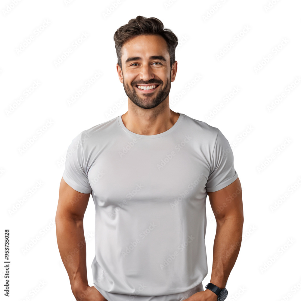 Portrait of a smiling confident man wearing T-shirt in a casual pose, studio photo, isolated on transparent background Portrait of a smiling confident man wearing T-shirt in a casual pose, studio photo, isolated on transparent background