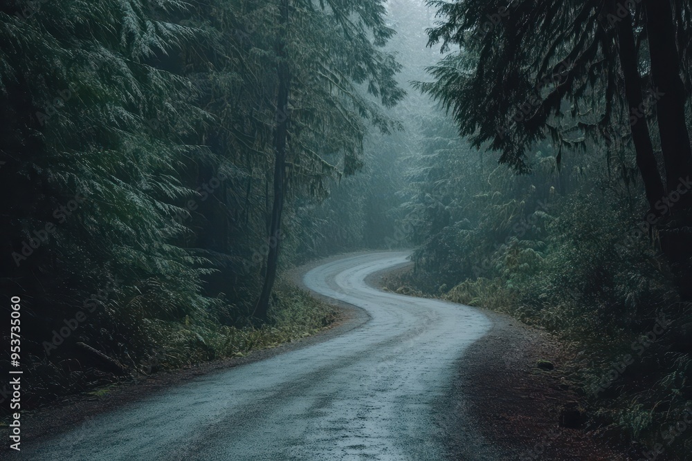 Naklejka premium A winding road through a misty forest, surrounded by lush greenery.