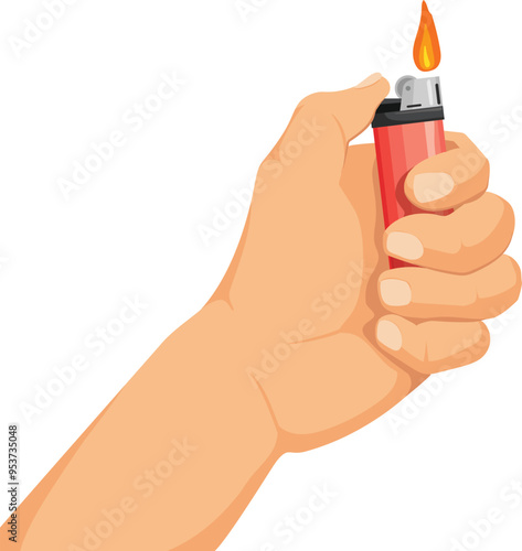 Burning gas lighter in hand. Cartoon fire flame