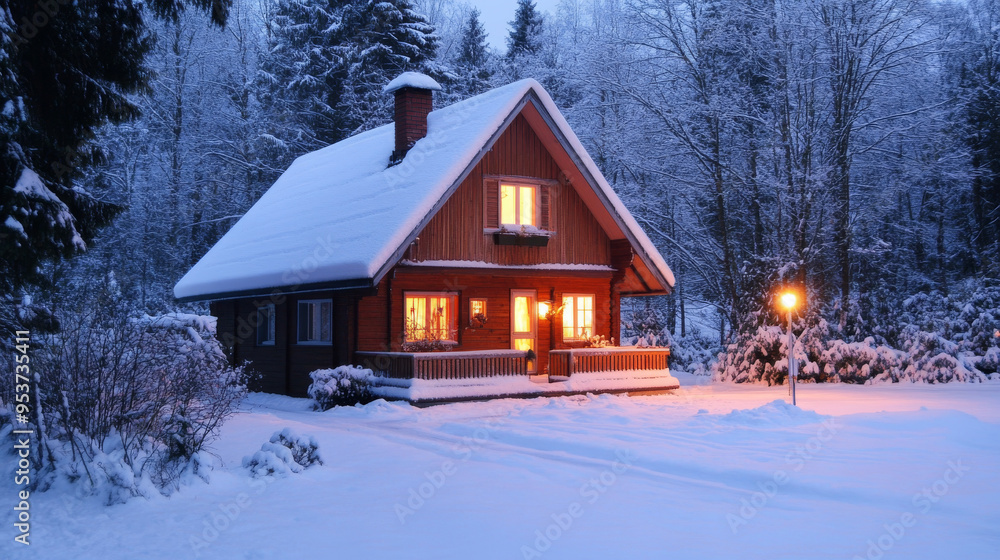 A warm and inviting log cabin illuminated from within, surrounded by snow-covered trees and a serene winter landscape, perfect for a holiday retreat.
A warm and inviting log cabin illuminated from within, surrounded by snow-covered trees and a serene winter landscape, perfect for a holiday retreat.